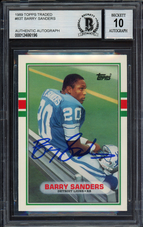 Barry Sanders Autographed 1989 Topps Traded Rookie Card #83T Detroit Lions Auto Grade Gem Mint 10 Becket