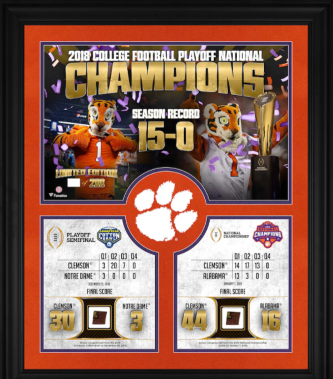 Clemson Tigers Framed 2018 College Football Playoff Champions Collage with a Piece of Game Used Football from both the 2018 Cotton Bowl and 2019 National Championship Game - Limited Edition