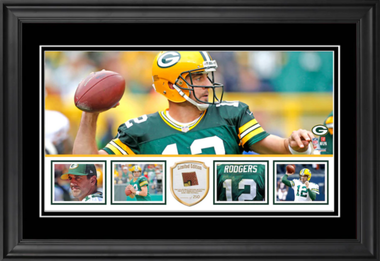 Aaron Rodgers Green Bay Packers Framed Panoramic with Piece of Game-Used Football - Limited Edition