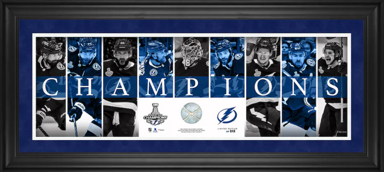 Tampa Bay Lightning 2021 Stanley Cup Champions Framed 10" x 30" Champions Panoramic with a Piece of Game-Used Net from the 2021 Stanley Cup Final - Limited Edition