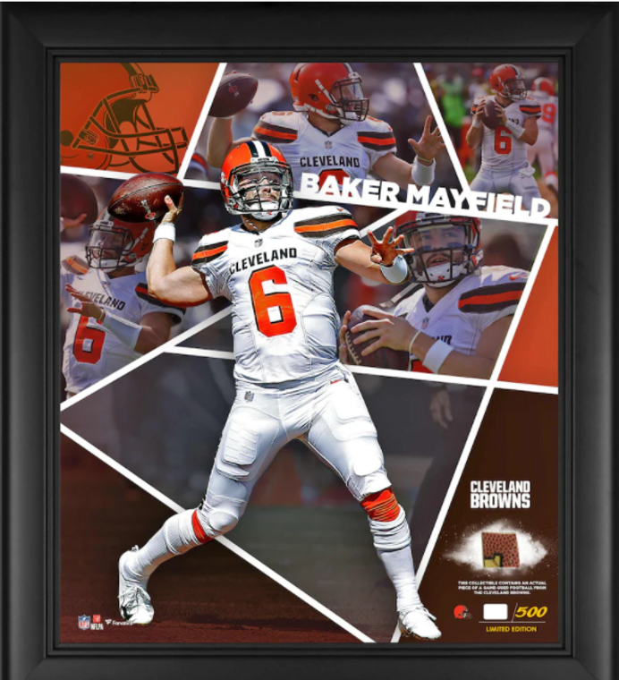 Baker Mayfield Cleveland Browns Framed 15" x 17" Impact Player Collage with a Piece of Game-Used Football (PF39FB0021)