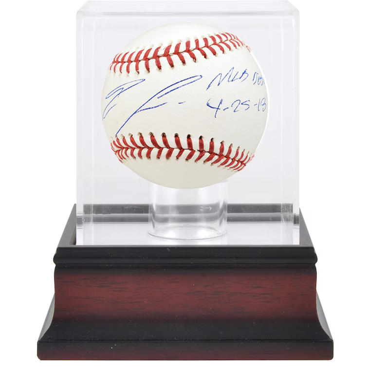 Ronald Acuna Jr. Autographed MLB Debut Baseball w/ Antique Mahogany Display Case