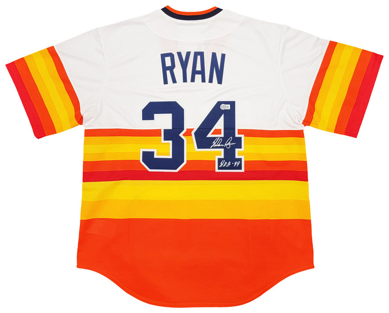 Houston Astros Nolan Ryan Autographed White & Orange/Yellow Stripes Nike Cooperstown Authentic Collection Jersey Size XL " H.O.F. '99 "
