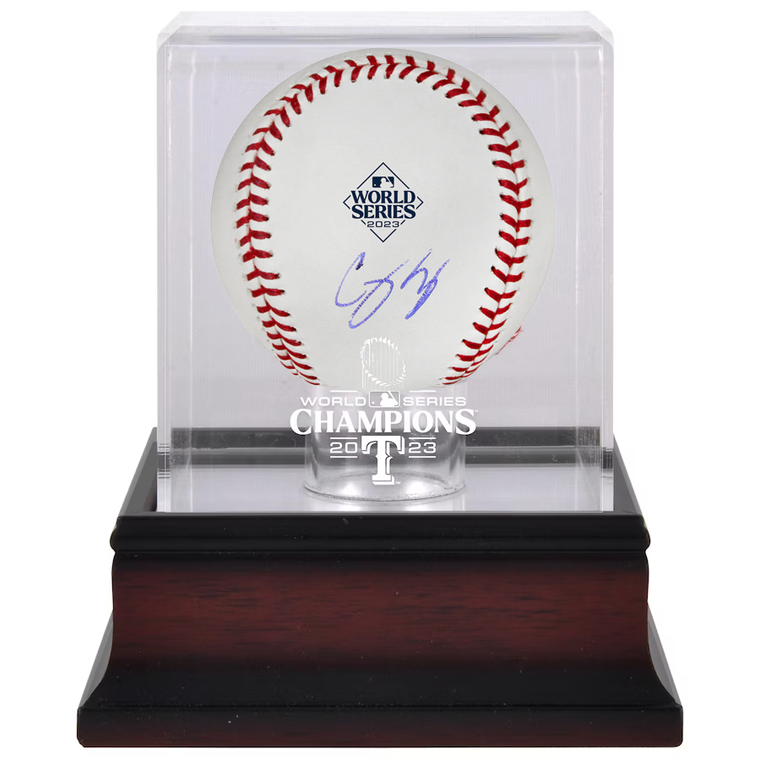 Corey Seager Texas Rangers Autographed 2023 World Series Logo Baseball w/ Mahogany Logo Case