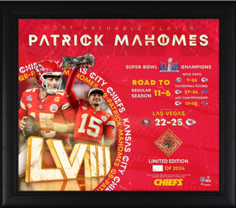 Patrick Mahomes Kansas City Chiefs Super Bowl LVIII MVP Framed Collage with a Piece of Game-Used Football - Limited Edition