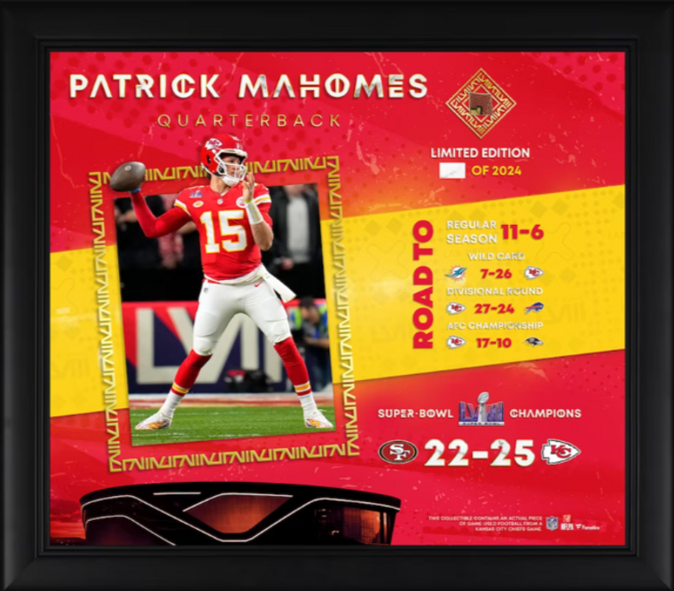 Patrick Mahomes Kansas City Chiefs Super Bowl LVIII Champions Framed Collage with a Piece of Game-Used Football - Limited Edition
