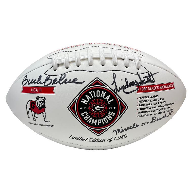 Lindsay Scott and Buck Belue Georgia Bulldogs Autographed 1980 National Champions Limited Edition Football with "Miracle on Duval Street" Inscription