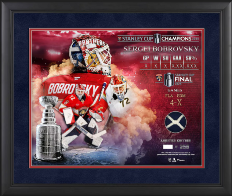 Sergei Bobrovsky Florida Panthers 2025 Stanley Cup Champions Framed 16" x 20" Collage with a Piece of Game-Used Net from the 2025 Stanley Cup Final - LE 250