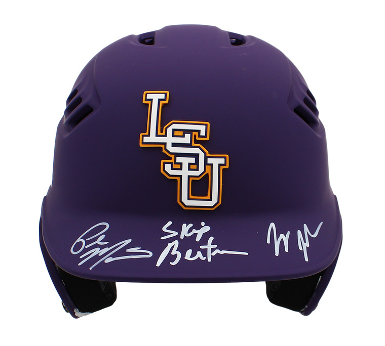 LSU Tigers Coaches Jay Johnson, Paul Manieri, and Skip Bertman Signed Rawlings Purple NCAA Batting Helmet