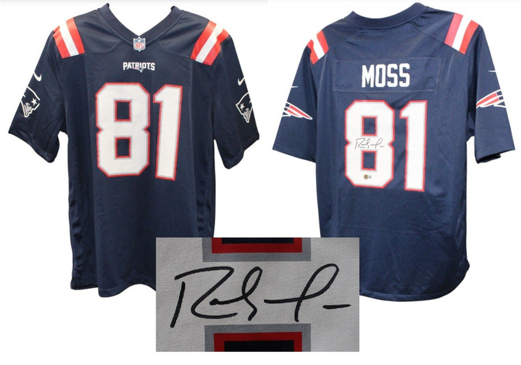 Randy Moss New England Patriots Autographed Nike XL Navy Jersey Beckett BAS