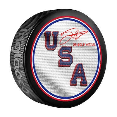 Jack Eichel Team USA Autographed 2026 Olympic Hockey Puck with "26 Gold Medal" Inscription