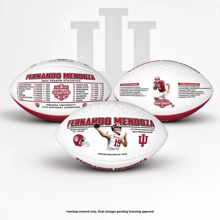 Fernando Mendoza IU Legacy Draft Football feature infographic showing all three custom panels, including the front hero panel, 2025 season statistics panel, and college records/career highlights panel.