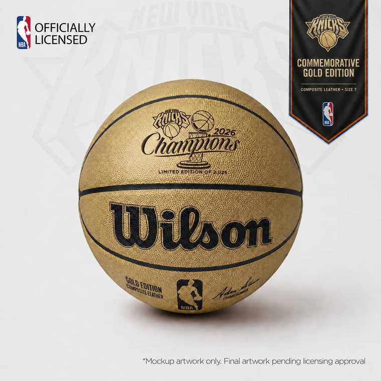 Hero product view of the New York Knicks Gold Edition Championship Basketball, a full-size licensed Wilson commemorative basketball featuring laser-etched Knicks NBA Champions artwork, Wilson branding, NBA logo, Gold Edition details, limited-edition championship markings, and commissioner facsimile signature. Composite leather Size 7 ball. Mockup artwork shown; final artwork pending licensing approval.