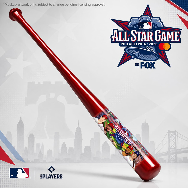 Full-size red wooden collectible bat for the 2026 MLB All-Star Game in Philadelphia with official MLB and MLB Players logos