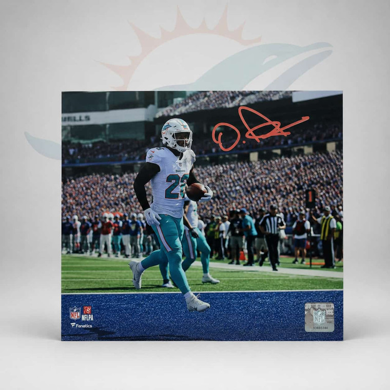 De’Von Achane Miami Dolphins Autographed Authentic 8" x 10" White Jersey Running Photograph