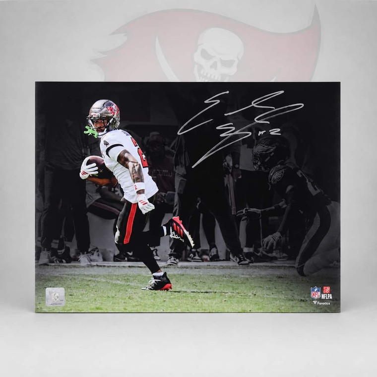 Emeka Egbuka Tampa Bay Buccaneers Autographed Authentic 16" x 20" White Jersey Rushing Touchdown Spotlight Photograph
