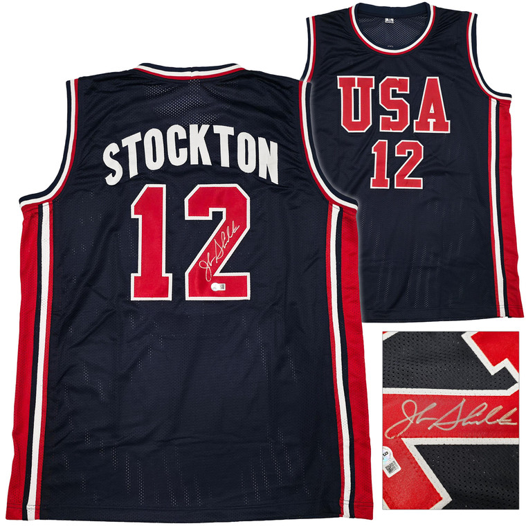 John Stockton Signed Team USA Blue Jersey Autographed XL Dream Team NBA Hall of Fame Basketball Collectible Gift
