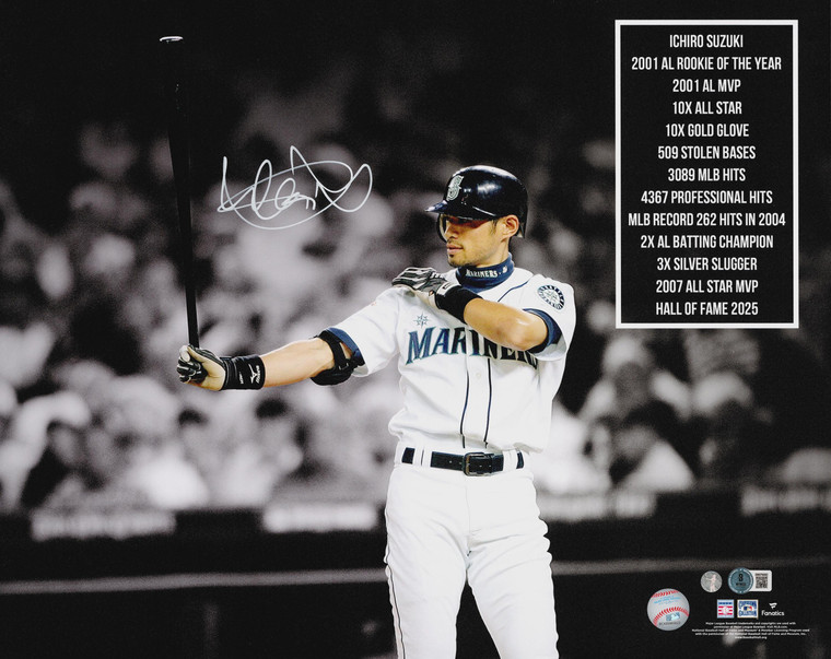 Ichiro Suzuki Signed 16x20 Seattle Mariners Photo with Stats (Hall of Fame)
