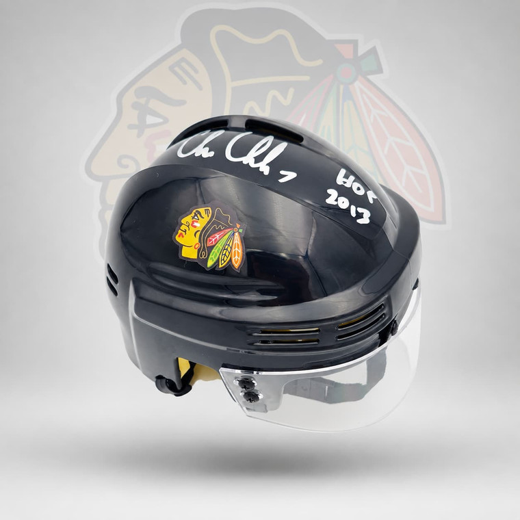 Chris Chelios Autographed Chicago Blackhawks Black Mini Helmet "HOF 2013" Beckett BAS Witness