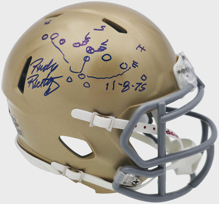Rudy Ruettiger Signed Notre Dame Gold Speed Mini Helmet with Play Sketch (Autographed)
