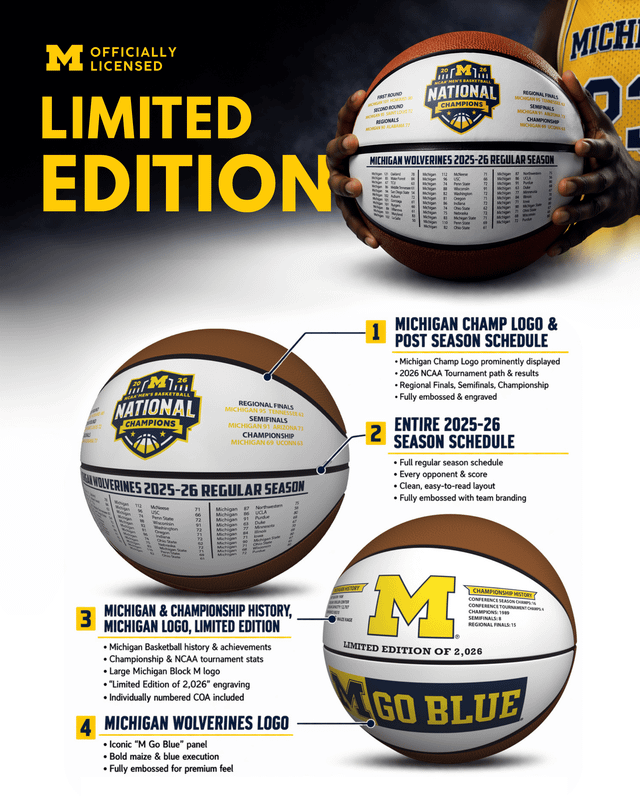 Michigan limited-edition commemorative basketball showing embossed championship graphics, the full season schedule and Wolverines branding