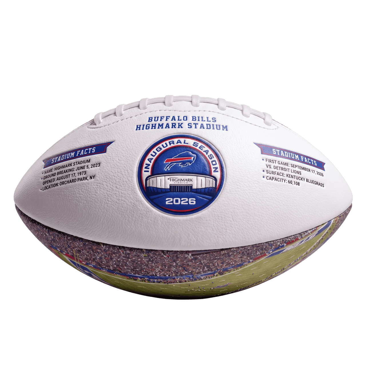 Buffalo Bills football showing the Highmark Stadium 2026 inaugural season emblem and stadium facts
