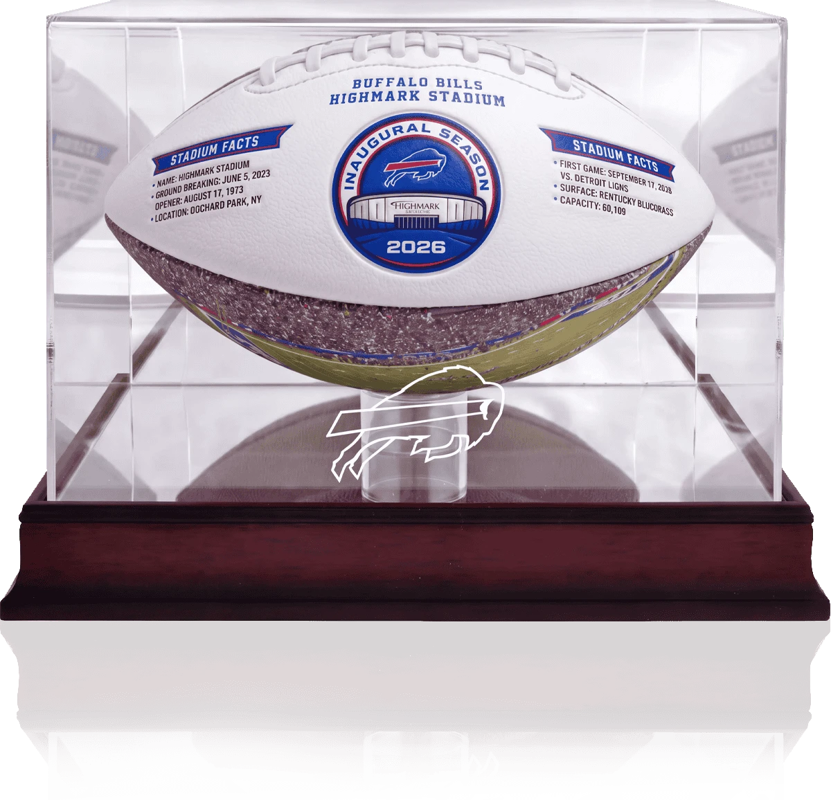 Inaugural season football shown in the optional Bills-logo display case with dark wood-tone base