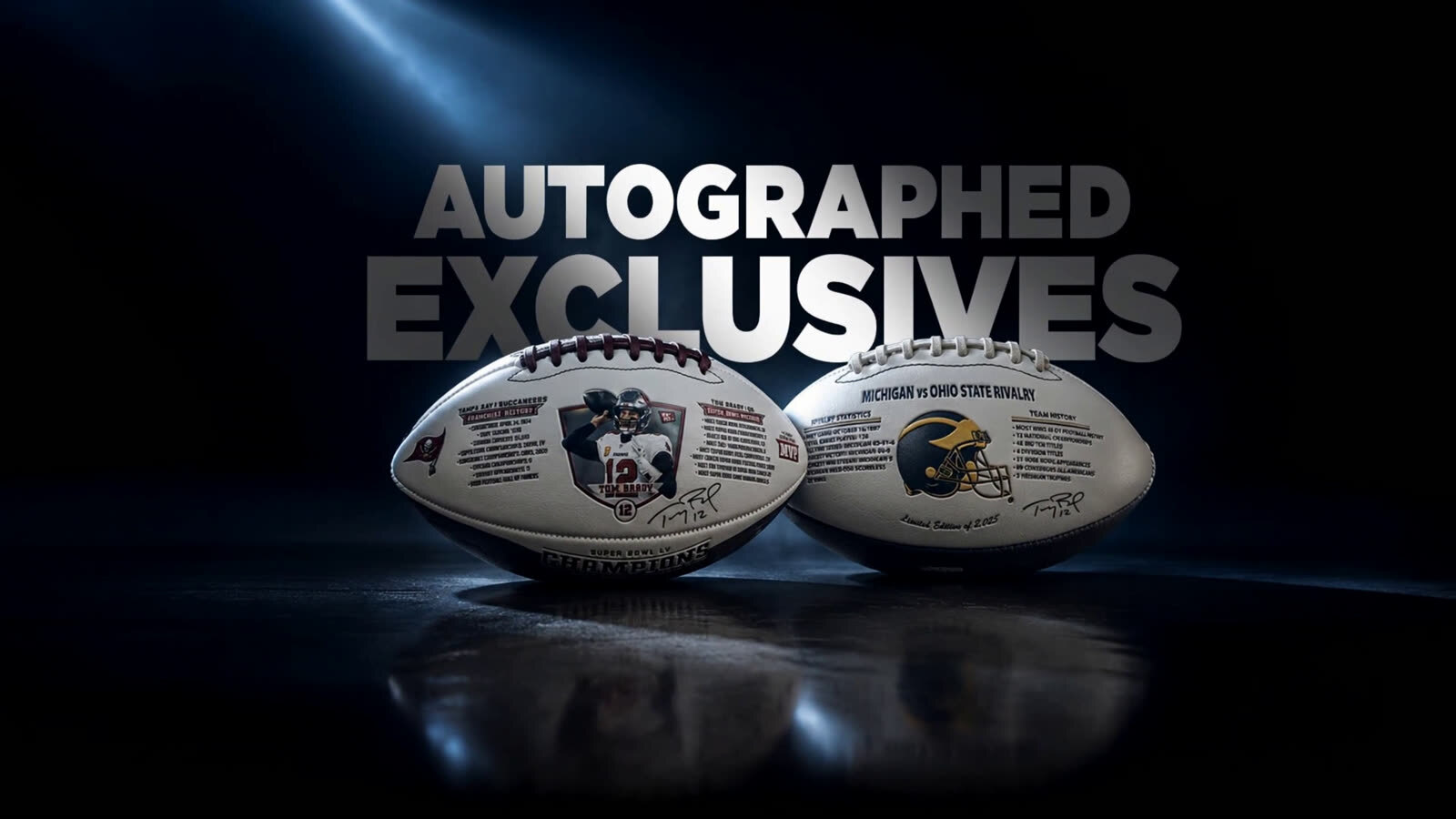 Two Tom Brady autographed exclusive footballs under a stadium spotlight