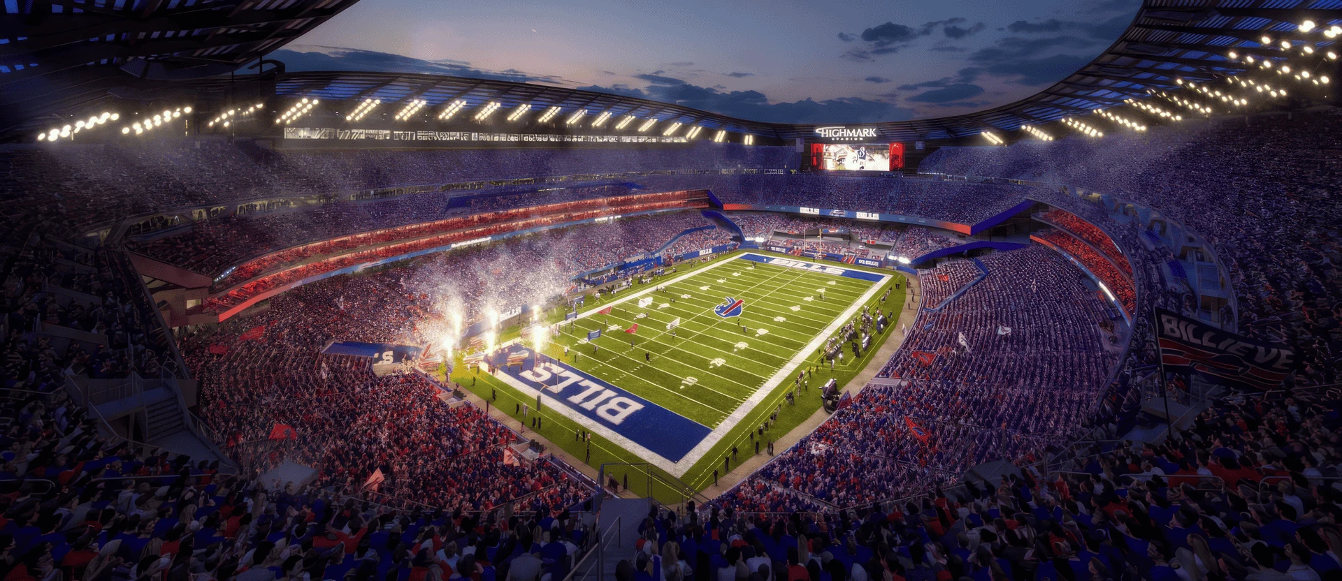 Illustrative nighttime stadium scene with Bills fans and field lights