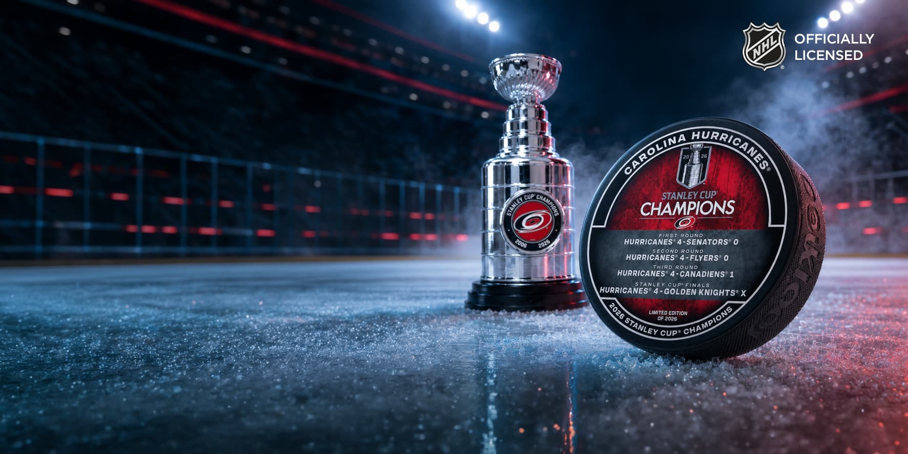Carolina Hurricanes Stanley Cup replica and champion puck set