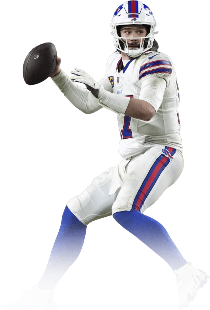 Josh Allen in a white Buffalo Bills number 17 uniform, preparing to throw