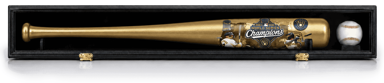 Black wood full-size bat display case, illustrated with a Gold Edition bat and a baseball, both sold separately