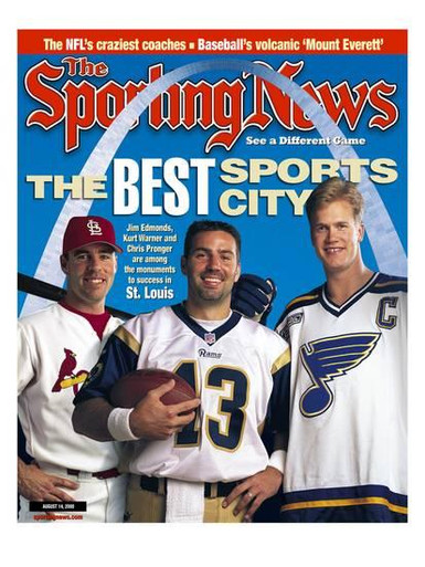 Lot - JIM EDMONDS, KURT WARNER AND CHRIS PRONGER SIGNED SPORTING NEWS COVER