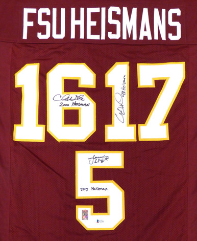 Heisman Trophy Winners Autographed Jersey - Florida State Seminoles Red CustomWith 3 Signatures Including Jameis Winston, Chris Weinke & Charlie Ward With Inscriptions Heisman Beckett BAS