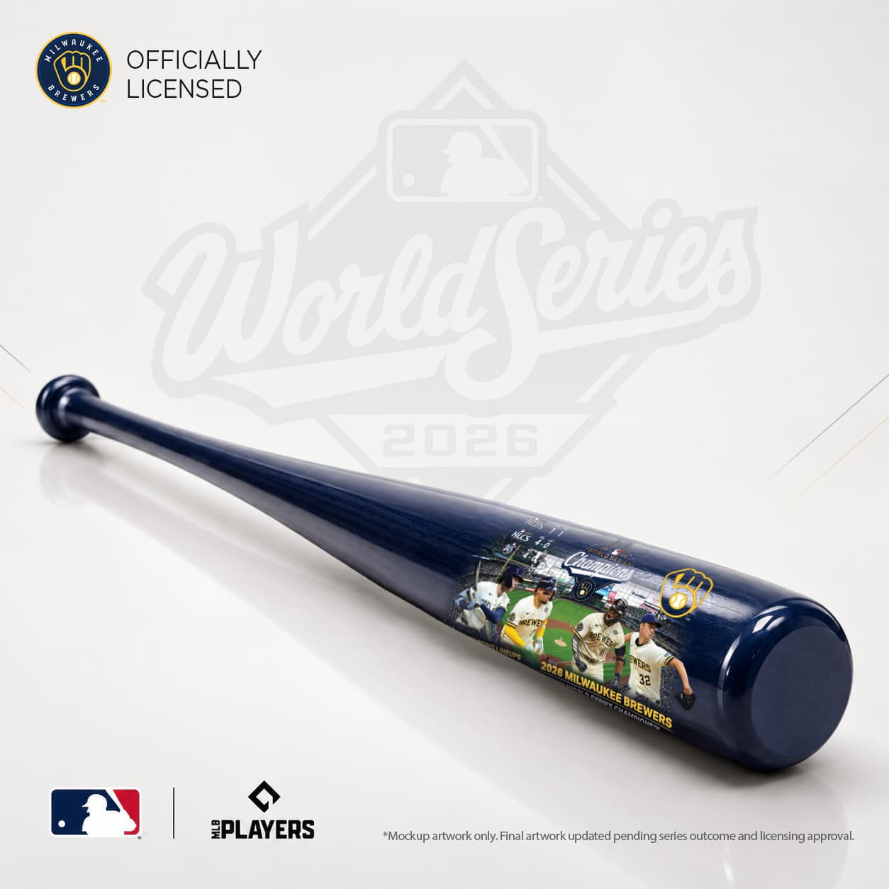Full-size Milwaukee Brewers 2026 World Series Champions Title Edition bat with player and championship artwork