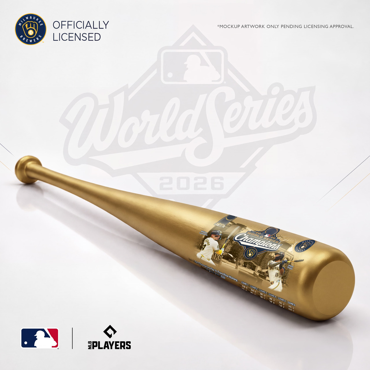 Full-size gold Milwaukee Brewers 2026 World Series Champions bat with player and championship artwork