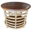Restored Two-Tier Round Ladder Side Pole Rattan Side Table w/ Mahogany Top