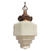 Art Deco Copper Acanthus Leaf Hanging Pendant Light w/ Stepped Milk Glass Shade