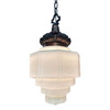 Art Deco Copper Acanthus Leaf Hanging Pendant Light w/ Stepped Milk Glass Shade