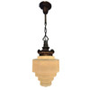 Art Deco Copper Acanthus Leaf Hanging Pendant Light w/ Stepped Milk Glass Shade