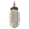 Art Deco Copper Acanthus Leaf Pendant Light w/ Skyscraper Milk Glass Shade