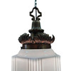 Art Deco Copper Acanthus Leaf Pendant Light w/ Skyscraper Milk Glass Shade