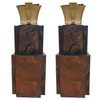 Grand Hollywood Art Deco Style Wood & Brass 9' Tall Torchiere Floor Lamp, Pair