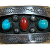 Vintage Navajo KY Sterling Silver Turquoise Coral Cuff Bracelet