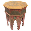 Hand Painted Moroccan Hexagon Wooden Boho Side Table w/ Brass Inlays