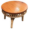 Restored Round Stick Rattan Coffee Table with Mahogany Top