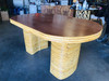 Restored Oval Stacked Rattan Dining Table W/ Mahogany Top