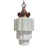 Art Deco Era Ornate Brass Pendant Light w/ Stepped Milk Glass Skyscraper Shade