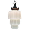 Art Deco Era Ornate Brass Pendant Light w/ Stepped Milk Glass Skyscraper Shade