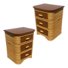 Restored Streamline Art Deco Stacked Rattan Bedside Table W/ Mahogany Top, Pair Restored Streamline Art Deco Stacked Rattan Bedside Table W/ Mahogany Top, Pair